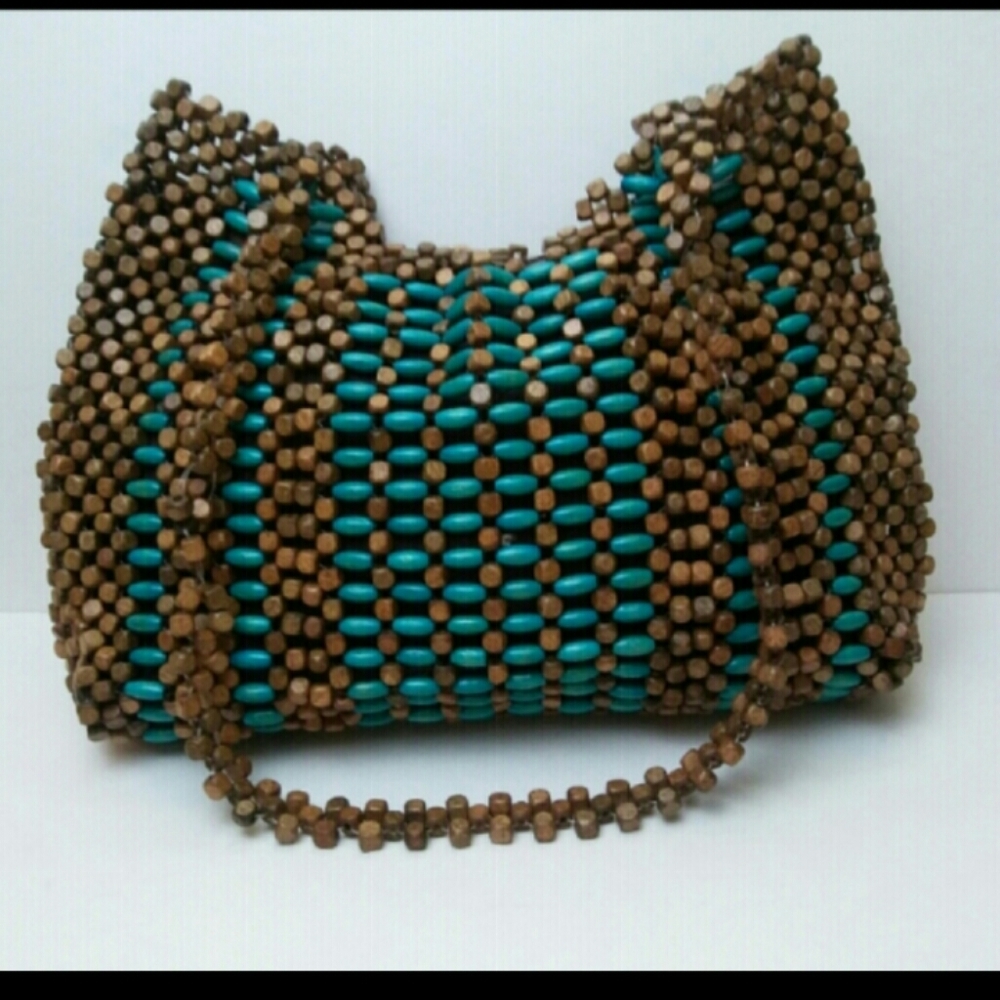 Vintage Wood Bead Handbag, Tote, Purse, 13"x10"